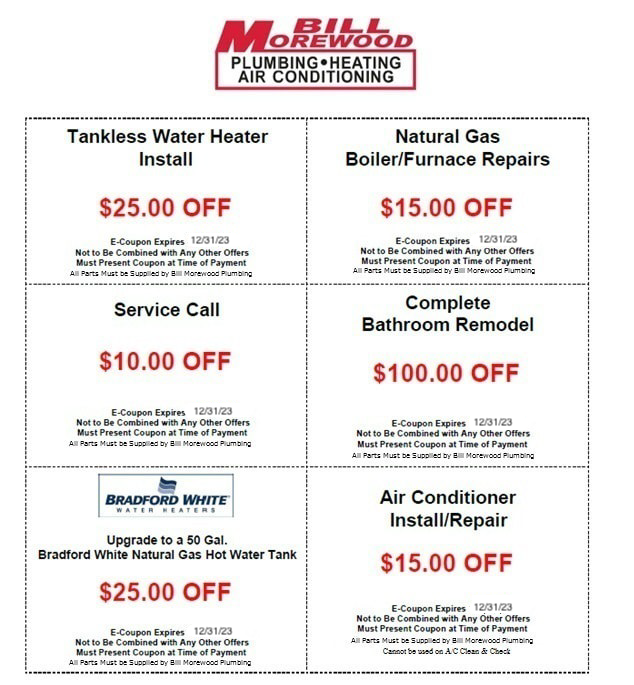 Money-saving coupons for Bill Morewood Plumbing and Heating services in Erie PA including discounts on plumbing repairs, heating installation, and AC service